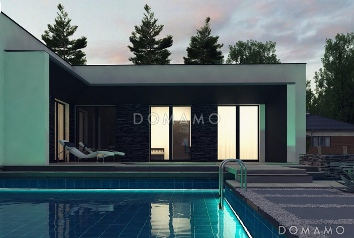 Проект современного одноэтажного дома из кирпича с плоской крышей, с тремя комнатами и гаражом Проект современного одноэтажного дома из кирпича с плоской крышей, с тремя комнатами и гаражом