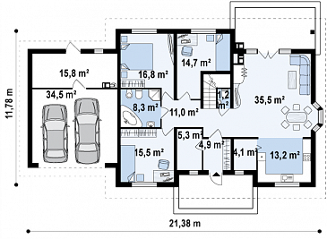 Проект одноэтажного дома из газобетона с мансардой и балконом и гаражом на два автомобиля / План 1 этажа Проект одноэтажного дома из газобетона с мансардой и балконом и гаражом на два автомобиля / План 1 этажа