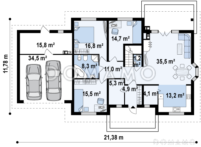 Проект одноэтажного дома из газобетона с мансардой и балконом и гаражом на два автомобиля / План 1 этажа