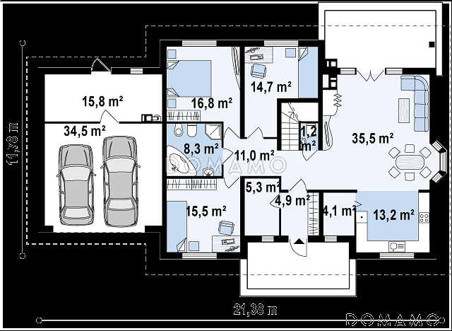 Проект одноэтажного дома из газобетона с мансардой и балконом и гаражом на два автомобиля / План 1 этажа Проект одноэтажного дома из газобетона с мансардой и балконом и гаражом на два автомобиля / План 1 этажа