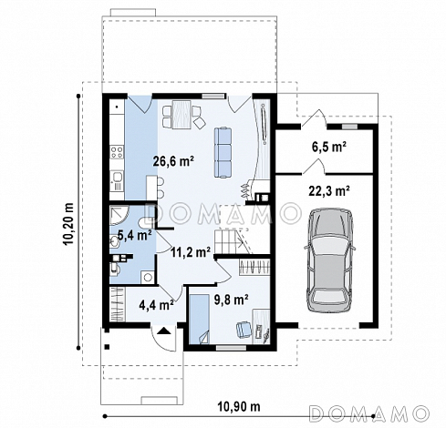 Проект двухэтажного коттеджа из кирпича с дополнительной комнатой на первом этаже и пристроенным гаражом / План 1 этажа