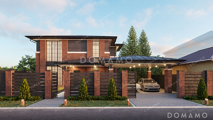 Проект двухэтажного дома с подвалом и навесом для авто