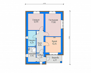 Проект небольшого загородного дома с верандой, санузлом с окном, изолированной кухней / План 1 этажа Проект небольшого загородного дома с верандой, санузлом с окном, изолированной кухней / План 1 этажа