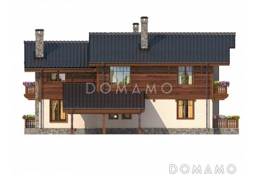 Проект загородного дома с террасой, навесом на одну машину, верандой с камином на втором этаже / Фасад 2