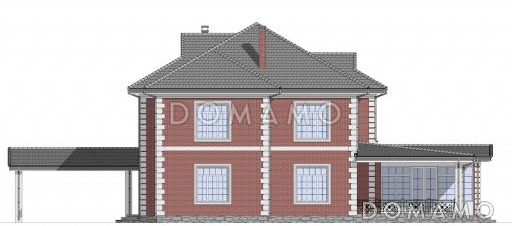 Проект двухэтажного дома из газобетона с пристроенным навесом, верандой и камином / Фасад 4
