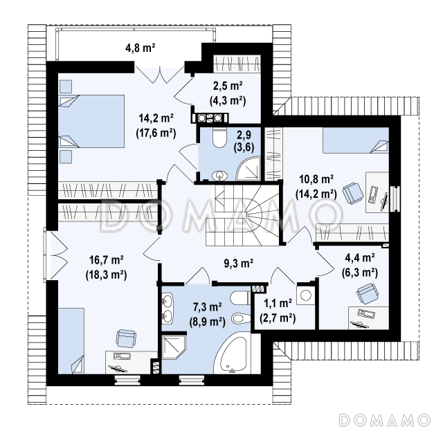 Проект мансардного дома из газобетона с тремя спальнями и кабинетом, балконом и гаражом  / План мансардного этажа