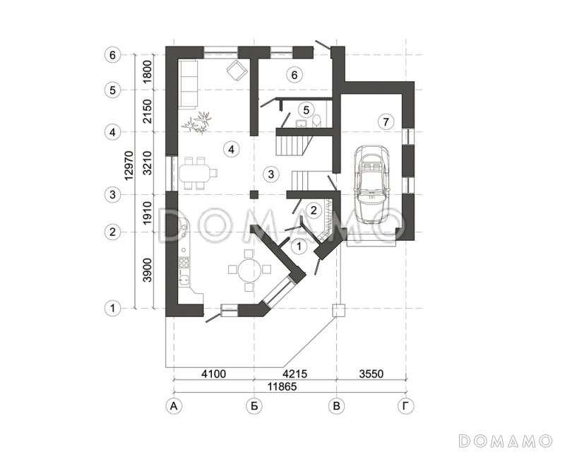 Проект дома с гаражом и нестандартным угловым решением входа / План 1 этажа