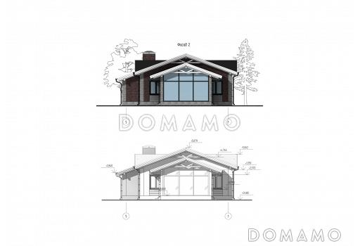Проект одноэтажного дома с мастер-спальней, кабинетом, гаражом на 2 машины и застекленной террасой / Фасад 2 Проект одноэтажного дома с мастер-спальней, кабинетом, гаражом на 2 машины и застекленной террасой / Фасад 2