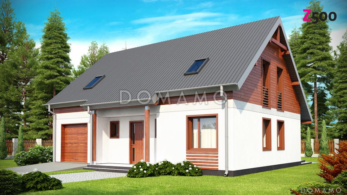 Проект одноэтажного дома из кирпича с мансардой облицованной натуральным деревом со встроенным гаражом / 2