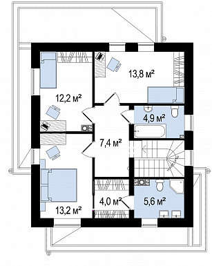 Проект современного двухэтажного дома из кирпича с плоской крышей, четырьмя комнатами и угловым остеклением гостиной / План 2 этажа Проект современного двухэтажного дома из кирпича с плоской крышей, четырьмя комнатами и угловым остеклением гостиной / План 2 этажа