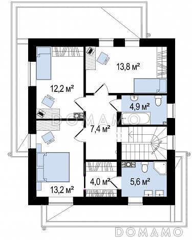 Проект современного двухэтажного дома из кирпича с плоской крышей, четырьмя комнатами и угловым остеклением гостиной / План 2 этажа Проект современного двухэтажного дома из кирпича с плоской крышей, четырьмя комнатами и угловым остеклением гостиной / План 2 этажа