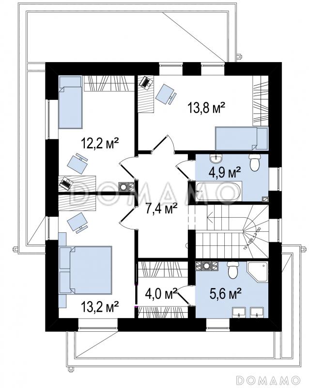 Проект современного двухэтажного дома из кирпича с плоской крышей, четырьмя комнатами и угловым остеклением гостиной / План 2 этажа