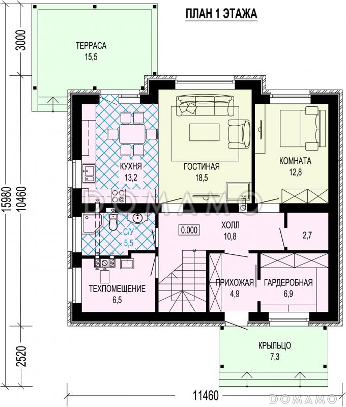 Проект кирпичного дома с 3 спальнями, комнатой на первом этаже и вторым светом в гостиной / План 1 этажа