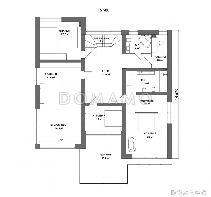 Проект современного двухэтажного дома с балконом, вторым светом и мастер-спальней / План 2 этажа