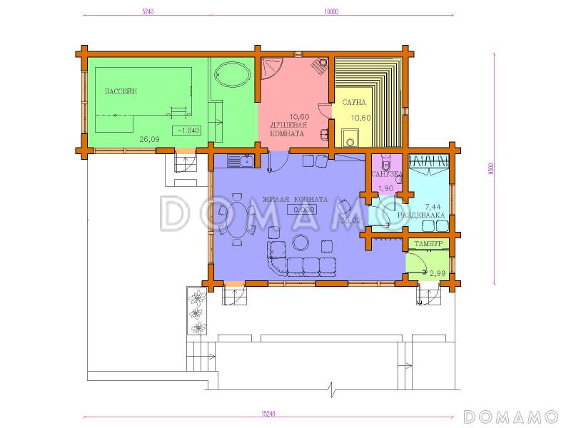 Проект бани с бассейном и жилой комнатой / План 1 этажа