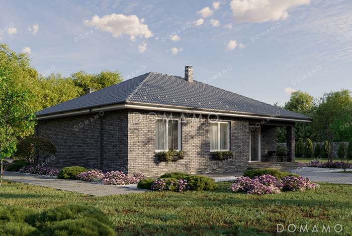 Проект дома из газобетона с тремя спальнями, двумя санузлами и небольшой террасой Проект дома из газобетона с тремя спальнями, двумя санузлами и небольшой террасой