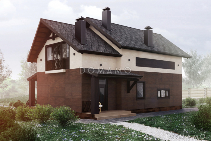 Проект дома с 4 спальнями, свободной планировкой кухни-гостиной-столовой и балконами на мансарде Проект дома с 4 спальнями, свободной планировкой кухни-гостиной-столовой и балконами на мансарде