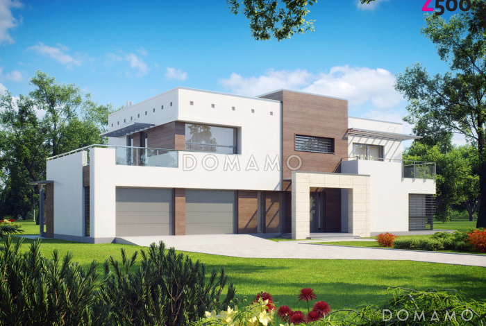 Проект современного двухэтажного дома в стиле хай-тек из кирпича с плоской крышей, балконом и гаражом с двумя отдельными въездами Проект современного двухэтажного дома в стиле хай-тек из кирпича с плоской крышей, балконом и гаражом с двумя отдельными въездами