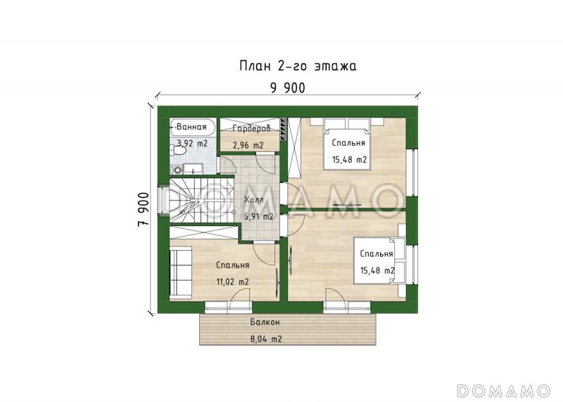 Проект компактного двухэтажного дома с 3 спальнями, гостиной и балконом / План 2 этажа