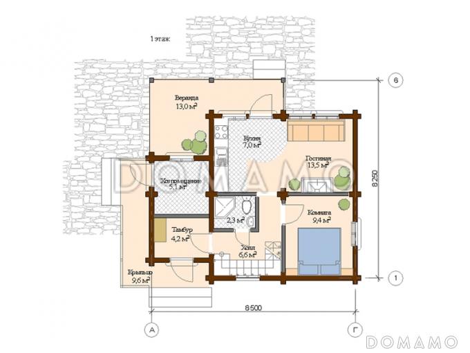 Проект дома из клееного бруса с ленточно-свайным фундаментом / План 1 этажа