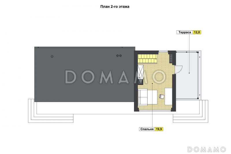 Проект дома с одной спальней на втором этаже, парной, душевой и крытой террасой с барбекю / План 2 этажа