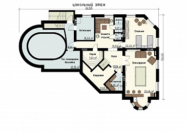 Проект загородного дома с цокольным этажом, бассейном, кабинетом, эксплуатируемой кровлей / План цокольного этажа