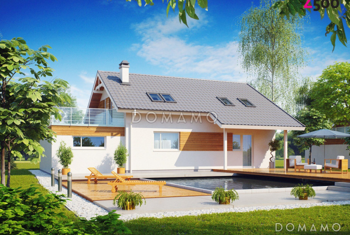 Проект одноэтажного мансардного дома из газобетона с террасой над гаражом 