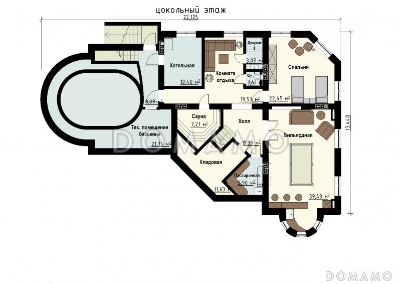 Проект загородного дома с цокольным этажом, бассейном, кабинетом, эксплуатируемой кровлей / План цокольного этажа