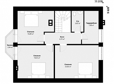 Проект дома с 4 спальнями, эркером в гостиной, террасой и пристроенным гаражом / План мансардного этажа Проект дома с 4 спальнями, эркером в гостиной, террасой и пристроенным гаражом / План мансардного этажа