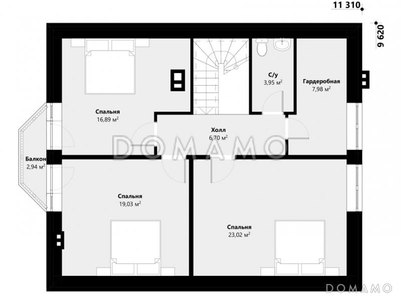 Проект дома с 4 спальнями, эркером в гостиной, террасой и пристроенным гаражом / План мансардного этажа
