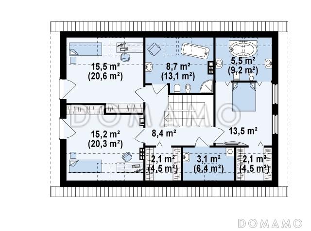 Проект одноэтажного мансардного дома из кирпича с кабинетом, открытой угловой террасой и гаражом / План мансардного этажа