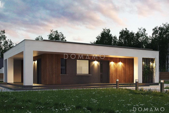 Проект простого одноэтажного дома из кирпича с плоской крышей с тремя спальнями  и крытой террасой 