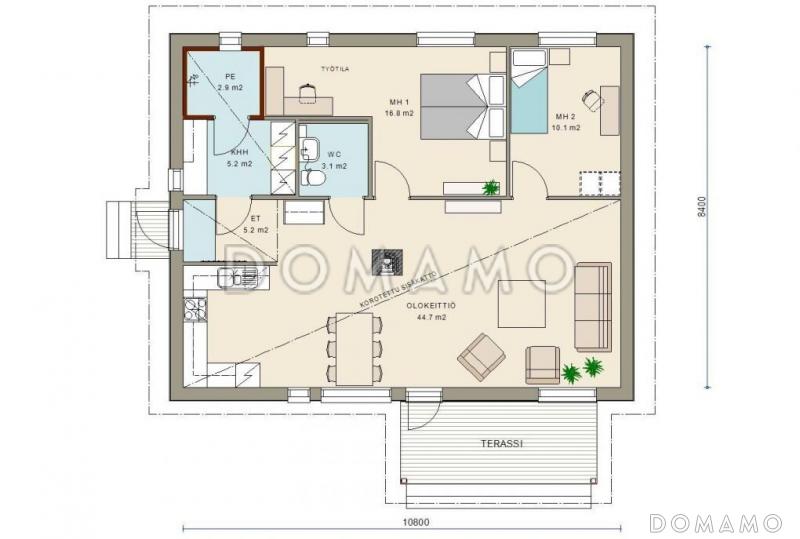 Проект компактного одноэтажного каркасного дома с двумя спальнями / План 1 этажа