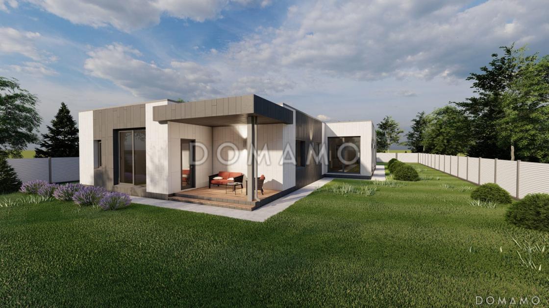 Проект одноэтажного дома с мастер-спальней, двумя детскими, гаражом, навесом и верандой / 3