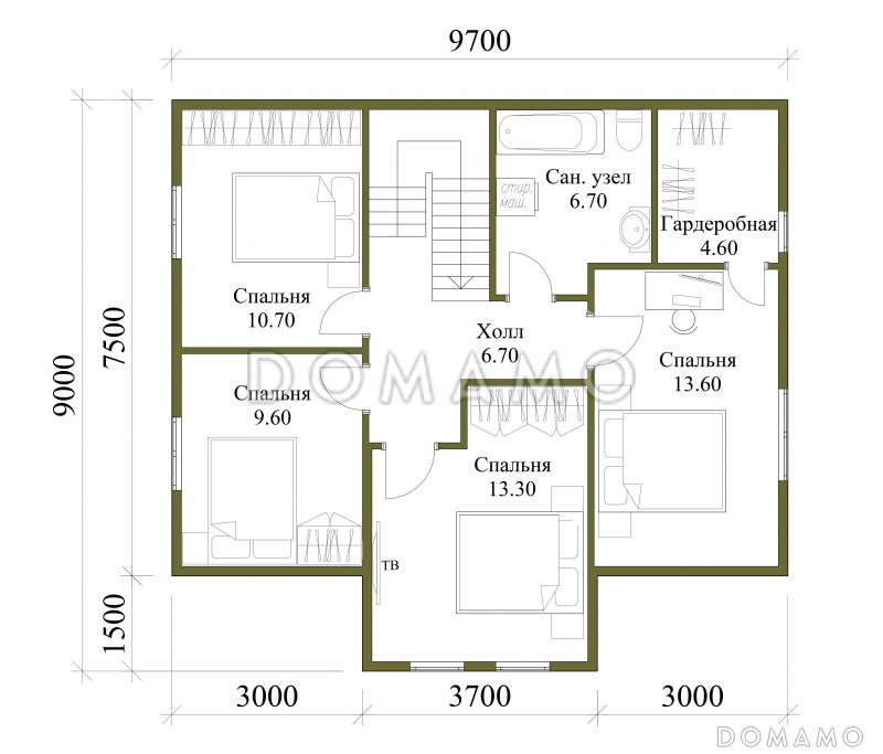 Проект каркасного дома с мансардой, 5 спальнями, гостиной-столовой и крытой террасой / План мансардного этажа