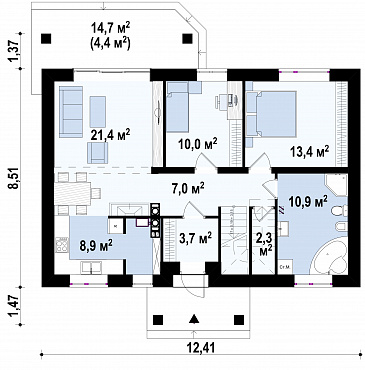 Проект мансардного дома из кирпича с острой крышей, с тремя спальнями и небольшой крытой террасой / План цокольного этажа Проект мансардного дома из кирпича с острой крышей, с тремя спальнями и небольшой крытой террасой / План цокольного этажа