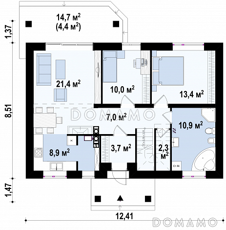 Проект мансардного дома из кирпича с острой крышей, с тремя спальнями и небольшой крытой террасой / План цокольного этажа Проект мансардного дома из кирпича с острой крышей, с тремя спальнями и небольшой крытой террасой / План цокольного этажа