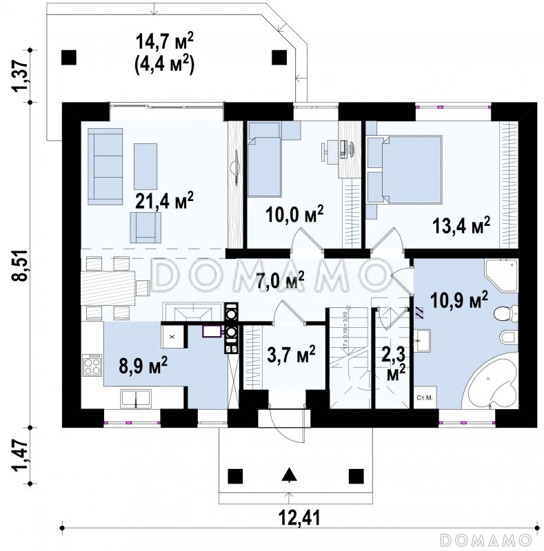 Проект мансардного дома из кирпича с острой крышей, с тремя спальнями и небольшой крытой террасой / План цокольного этажа