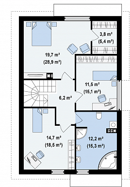 Проект одноэтажного дома из кирпича с мансардным этажом и встроенным гаражом / План мансардного этажа