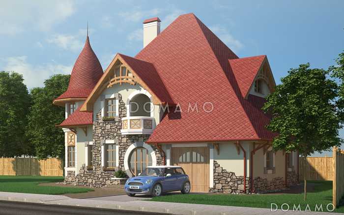 Проект яркого двухэтажного дома с башней, крытой террасой и гаражом