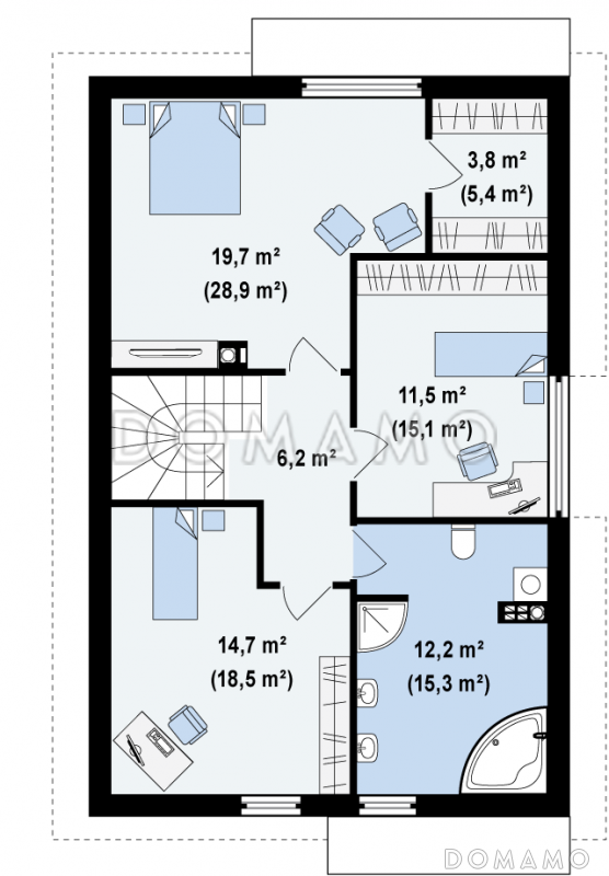 Проект одноэтажного дома из кирпича с мансардным этажом и встроенным гаражом / План мансардного этажа