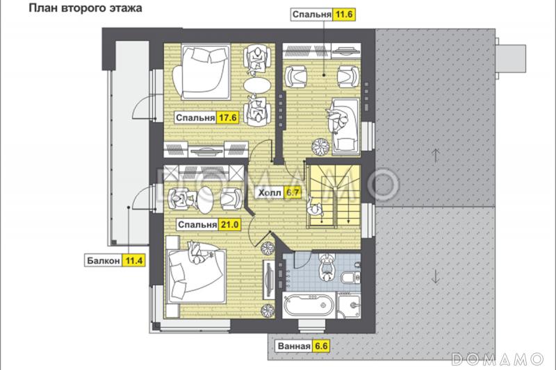 Проект светлого дома с бильярдной и спортзалом в цокольном этаже,  длинным балконом,  панорамными окнами в спальне на мансарде / План мансардного этажа