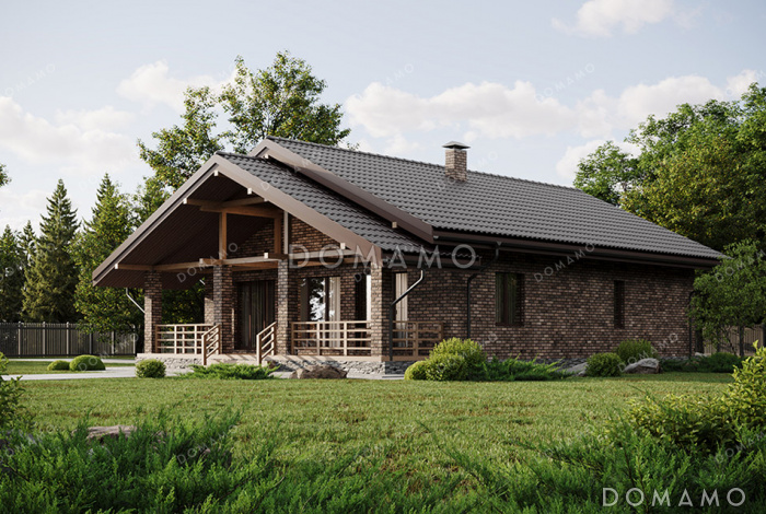 Проект выразительного одноэтажного дома с двухскатной крышей в разных уровнях, большой террасой и вторым светом Проект выразительного одноэтажного дома с двухскатной крышей в разных уровнях, большой террасой и вторым светом