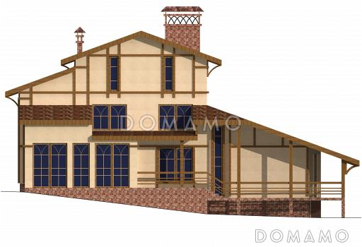 Проект двухэтажного коттеджа с мансардой, цоколем, бассейном и зимним садом / Фасад 1