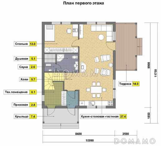 Проект каркасного дома с небольшой спальней на первом этаже / План 1 этажа Проект каркасного дома с небольшой спальней на первом этаже / План 1 этажа