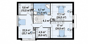 Проект современного мансардного дома из кирпича с четырьмя комнатами, эркером и одноместным гаражом / План мансардного этажа