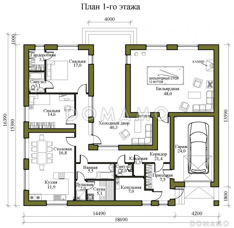 Проект одноэтажного кирпичного дома в стиле хай-тек с внутренним двором, бильярдной, сауной и гаражом / План 1 этажа