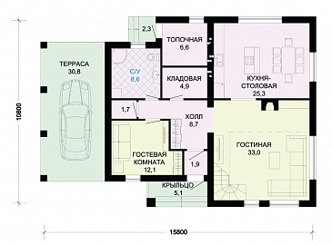 Проект дома в стиле фахверк с двусветной гостиной и навесом для машины / План 1 этажа Проект дома в стиле фахверк с двусветной гостиной и навесом для машины / План 1 этажа