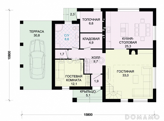 Проект дома в стиле фахверк с двусветной гостиной и навесом для машины / План 1 этажа Проект дома в стиле фахверк с двусветной гостиной и навесом для машины / План 1 этажа
