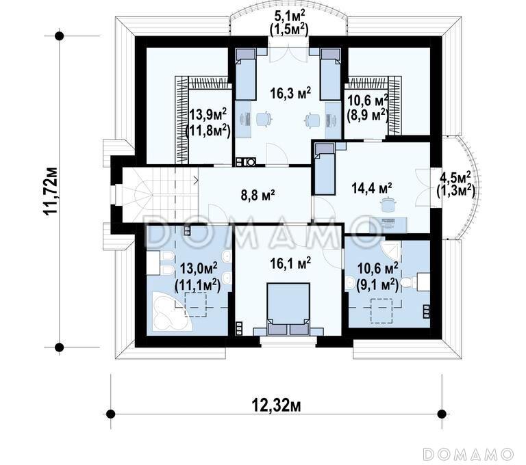 Проект загородного дома с подвалом, просторной гостиной и кухней, балконами, кабинетом / План мансардного этажа
